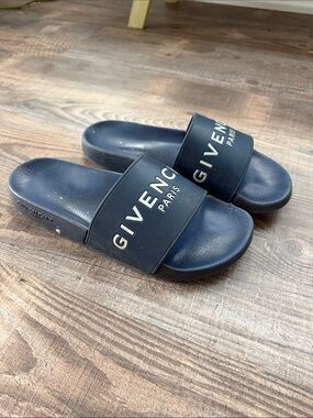 Givenchy Navy Blue Logo Slide Sandals